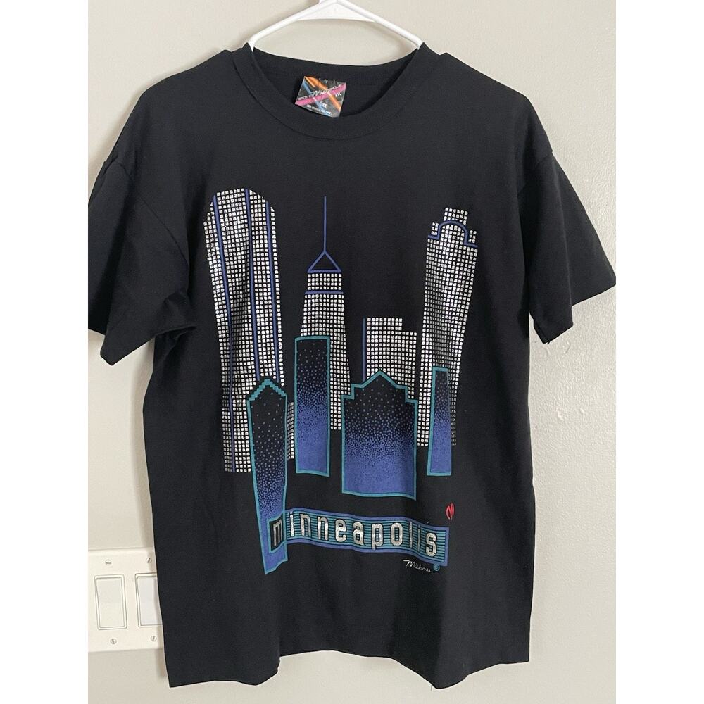 Vtg Minneapolis Cityscape Skyline Art Michou T-Shirt Sz L Metallic Single Stitch